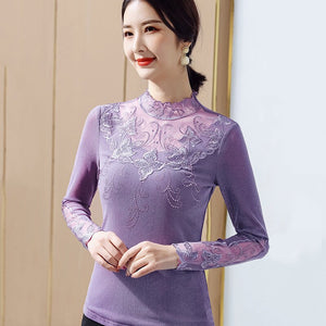 Lace Bottoming Shirt Women Spring Long-sleeved High-neck Thin Mesh Top Elegant Slim Hot Drilling Plus Size Women T-Shirt