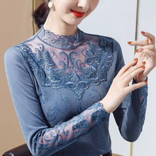 Load image into Gallery viewer, Lace Bottoming Shirt Women Spring Long-sleeved High-neck Thin Mesh Top Elegant Slim Hot Drilling Plus Size Women T-Shirt