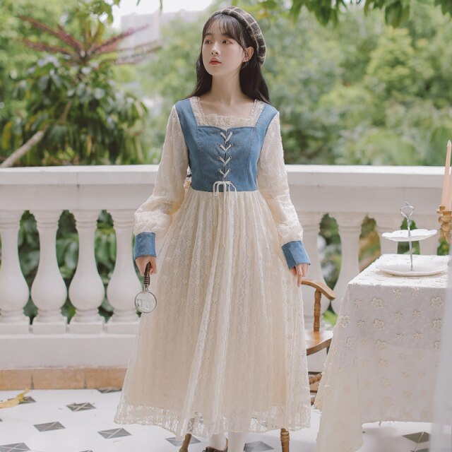 Lace Dress Gentle Female Denim Blue Spelling Square Collar Elegant Sweet First Love French Dress Autumn Fairy Vestidos de fiesta