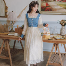 Load image into Gallery viewer, Lace Dress Gentle Female Denim Blue Spelling Square Collar Elegant Sweet First Love French Dress Autumn Fairy Vestidos de fiesta