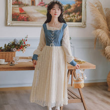 Load image into Gallery viewer, Lace Dress Gentle Female Denim Blue Spelling Square Collar Elegant Sweet First Love French Dress Autumn Fairy Vestidos de fiesta