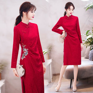 Lace Embroidered Improved Cheongsam Dress Women Long Sleeve Stand Collar Split Fork Elegant Chinese Style Wedding Dresses Female