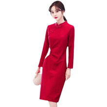 Load image into Gallery viewer, Lace Embroidered Improved Cheongsam Dress Women Long Sleeve Stand Collar Split Fork Elegant Chinese Style Wedding Dresses Female