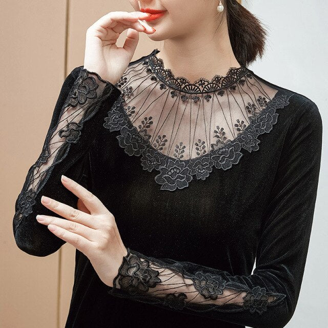 Lace Embroidery Stitching Velvet T-Shirt New 2021 Autumn Winter Long Sleeve Black Women&#39;s Tops Plus Size M-4XL Lady Shirt