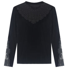 Load image into Gallery viewer, Lace Embroidery Stitching Velvet T-Shirt New 2021 Autumn Winter Long Sleeve Black Women&amp;#39;s Tops Plus Size M-4XL Lady Shirt