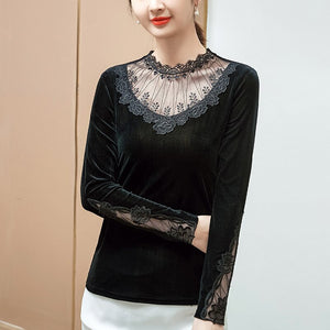 Lace Embroidery Stitching Velvet T-Shirt New 2021 Autumn Winter Long Sleeve Black Women&amp;#39;s Tops Plus Size M-4XL Lady Shirt
