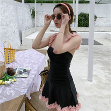 Load image into Gallery viewer, Lace Floral One Piece Swimsuit For Women Solid Swimwear With Skirt Korea Monokini Ruffle Swim Suits Bandeau Bathing Suits Black