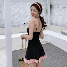 Load image into Gallery viewer, Lace Floral One Piece Swimsuit For Women Solid Swimwear With Skirt Korea Monokini Ruffle Swim Suits Bandeau Bathing Suits Black