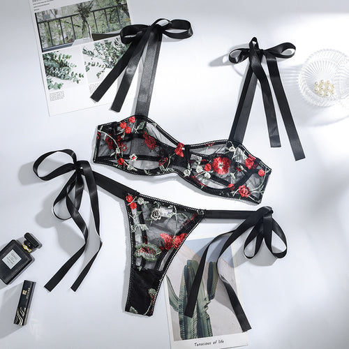 Lace Floral Sexy Underwear Embroidery Set Woman 2 Pieces Erotic Underwire Bras For Women Lingerie Sexy Ribbon Bra And Panty Set
