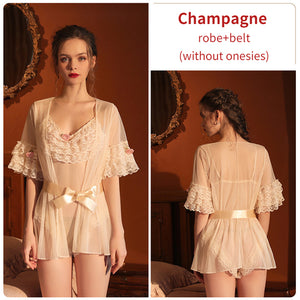 Lace Gauze Perspective Robe Onesies For Adults Women Sexy Lingerie Femme Sweet Cute Sleepwear Erotica Open Crotch Bodysuit