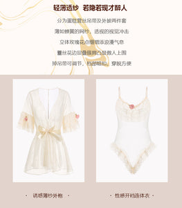 Lace Gauze Perspective Robe Onesies For Adults Women Sexy Lingerie Femme Sweet Cute Sleepwear Erotica Open Crotch Bodysuit