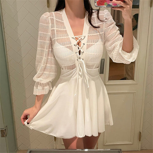 Lace One Piece Swimsuit Women Solid Swimwear Long Sleeve Monokini Mesh Swim Suit Korea Skirted Trikini Lace Up Bathing Suit Pad