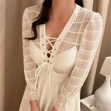 Load image into Gallery viewer, Lace One Piece Swimsuit Women Solid Swimwear Long Sleeve Monokini Mesh Swim Suit Korea Skirted Trikini Lace Up Bathing Suit Pad