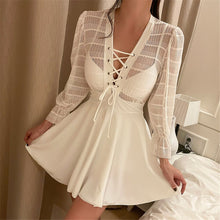 Load image into Gallery viewer, Lace One Piece Swimsuit Women Solid Swimwear Long Sleeve Monokini Mesh Swim Suit Korea Skirted Trikini Lace Up Bathing Suit Pad