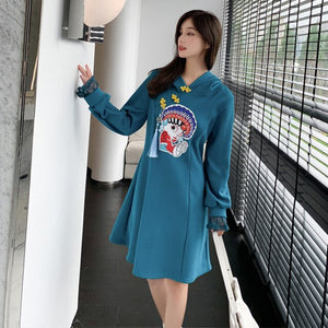 Lace Patchwork Long Sleeve Retro Buckle Hooded Sweater Women Winter Thicken Chinese Style Cheongsam Hoodies Female Casual Top