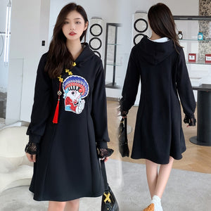 Lace Patchwork Long Sleeve Retro Buckle Hooded Sweater Women Winter Thicken Chinese Style Cheongsam Hoodies Female Casual Top