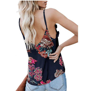 Lace Print Tank Tops for Women Suspenders V-neck Sexy Camis Fashion Sleeveless Casual Chiffon Tanks Femals Street Style