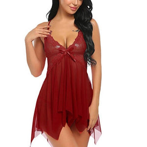 Lace See through Visible Mesh Lingerie Babydoll Nightgown With Thong Women Sexy Sleepwear Nightdress Spaghetti Strap Sleepdress