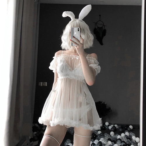 Lace Sexy Lingerie Black White Transparent Lovely Babydoll Cute Princess Nightdress Sleepwear Lolita Kawaii Chiffon Dress