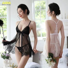Load image into Gallery viewer, Lace Sexy Suspender Pajama Thin Sexy Underwear Small Chest Gathered Perspective Temptation Split Suit Home Clothes