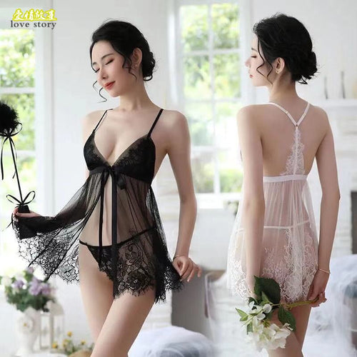 Lace Sexy Suspender Pajama Thin Sexy Underwear Small Chest Gathered Perspective Temptation Split Suit Home Clothes
