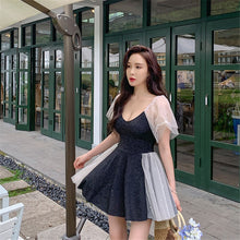 Load image into Gallery viewer, Lace Skirt One Piece Swimsuit Women Solid Black Swimwear Mesh Peral Monokini Ruffle Short Sleeve Bathing Suit Flounce Push Up