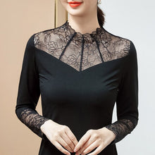 Load image into Gallery viewer, Lace Stitching Modal Bottoming Shirt New 2021 Autumn Long Sleeve Sexy Hollow Out Lace T-Shirt Plus Size Black Mesh Tops