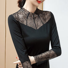 Load image into Gallery viewer, Lace Stitching Modal Bottoming Shirt New 2021 Autumn Long Sleeve Sexy Hollow Out Lace T-Shirt Plus Size Black Mesh Tops