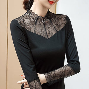 Lace Stitching Modal Bottoming Shirt New 2021 Autumn Long Sleeve Sexy Hollow Out Lace T-Shirt Plus Size Black Mesh Tops