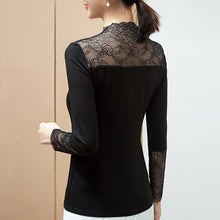 Load image into Gallery viewer, Lace Stitching Modal Bottoming Shirt New 2021 Autumn Long Sleeve Sexy Hollow Out Lace T-Shirt Plus Size Black Mesh Tops