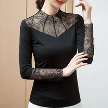 Load image into Gallery viewer, Lace Stitching Modal Bottoming Shirt New 2021 Autumn Long Sleeve Sexy Hollow Out Lace T-Shirt Plus Size Black Mesh Tops