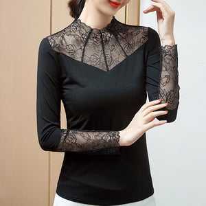 Lace Stitching Modal Bottoming Shirt New 2021 Autumn Long Sleeve Sexy Hollow Out Lace T-Shirt Plus Size Black Mesh Tops