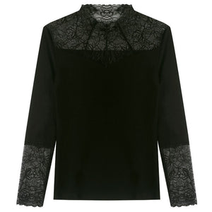 Lace Stitching Modal Bottoming Shirt New 2021 Autumn Long Sleeve Sexy Hollow Out Lace T-Shirt Plus Size Black Mesh Tops