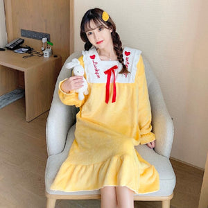 Lace Trim Sleep Dress Women Nightgown Sexy Flannel Sleepwear Intimate Lingerie Loose Nightwear Home Dressing Winter Lounge Wear