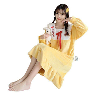 Lace Trim Sleep Dress Women Nightgown Sexy Flannel Sleepwear Intimate Lingerie Loose Nightwear Home Dressing Winter Lounge Wear