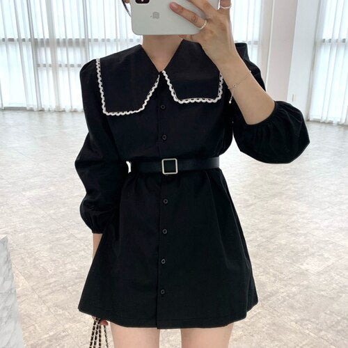 Lace Turn Down Collar Single Breasted Woman Dress Elegant Lace Up Waist Puff Sleeve Robe Femme with Belt Casual Fashion Vestidos