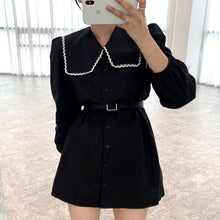Load image into Gallery viewer, Lace Turn Down Collar Single Breasted Woman Dress Elegant Lace Up Waist Puff Sleeve Robe Femme with Belt Casual Fashion Vestidos