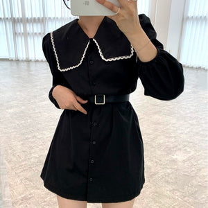 Lace Turn Down Collar Single Breasted Woman Dress Elegant Lace Up Waist Puff Sleeve Robe Femme with Belt Casual Fashion Vestidos