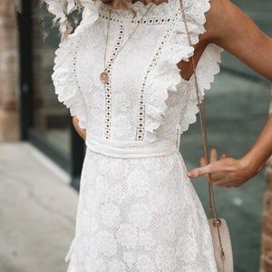 Lace White Dress Woman Night Club Summer Women's Dress 2021 Sleeveless Square Collar Lace-up Vintage Casual Women's Dresses