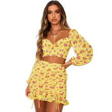 Load image into Gallery viewer, Ladies 2021 New Print Shirring Square Collar Short Top Mini Skirt Set Fashion Women Folds Full Sleeve Backless Two Piece Set