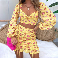 Load image into Gallery viewer, Ladies 2021 New Print Shirring Square Collar Short Top Mini Skirt Set Fashion Women Folds Full Sleeve Backless Two Piece Set