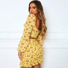 Load image into Gallery viewer, Ladies 2021 New Print Shirring Square Collar Short Top Mini Skirt Set Fashion Women Folds Full Sleeve Backless Two Piece Set