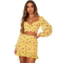 Load image into Gallery viewer, Ladies 2021 New Print Shirring Square Collar Short Top Mini Skirt Set Fashion Women Folds Full Sleeve Backless Two Piece Set