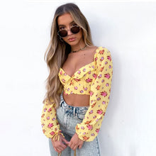 Load image into Gallery viewer, Ladies 2021 New Print Shirring Square Collar Short Top Mini Skirt Set Fashion Women Folds Full Sleeve Backless Two Piece Set