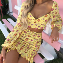 Load image into Gallery viewer, Ladies 2021 New Print Shirring Square Collar Short Top Mini Skirt Set Fashion Women Folds Full Sleeve Backless Two Piece Set