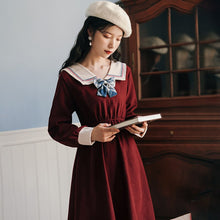 Load image into Gallery viewer, Ladies Bowknot Navy Neck Retro Dress Women College Style Long Sleeve Dresses Red French Elegant Vestido Midi Female Autumn