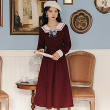Load image into Gallery viewer, Ladies Bowknot Navy Neck Retro Dress Women College Style Long Sleeve Dresses Red French Elegant Vestido Midi Female Autumn