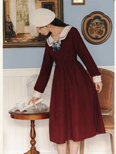 Load image into Gallery viewer, Ladies Bowknot Navy Neck Retro Dress Women College Style Long Sleeve Dresses Red French Elegant Vestido Midi Female Autumn