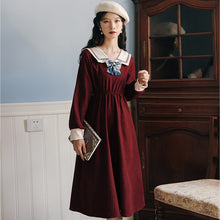 Load image into Gallery viewer, Ladies Bowknot Navy Neck Retro Dress Women College Style Long Sleeve Dresses Red French Elegant Vestido Midi Female Autumn