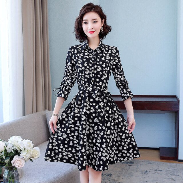 Ladies Elegant A-line Slim Dress For Women Korean Printed Midi Dress Casual Dress Retro Floral Spring Autumn 2021 Office Dress